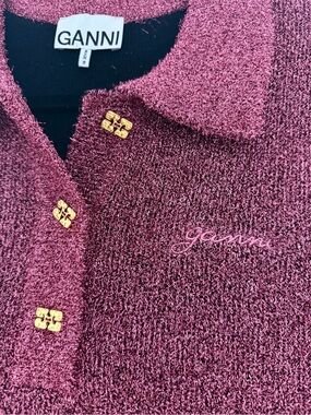 Ganni Textured Knit Midi Dress in Deep Raspberry with Gold Buttons